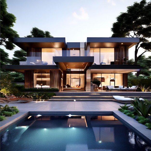 3d modern architecture front view home design with pool