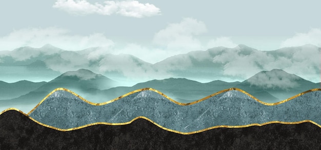 사진 3d 모던 아트 벽화: 밝은 파란색 배경, 황금색 르키즈 산, 하 달