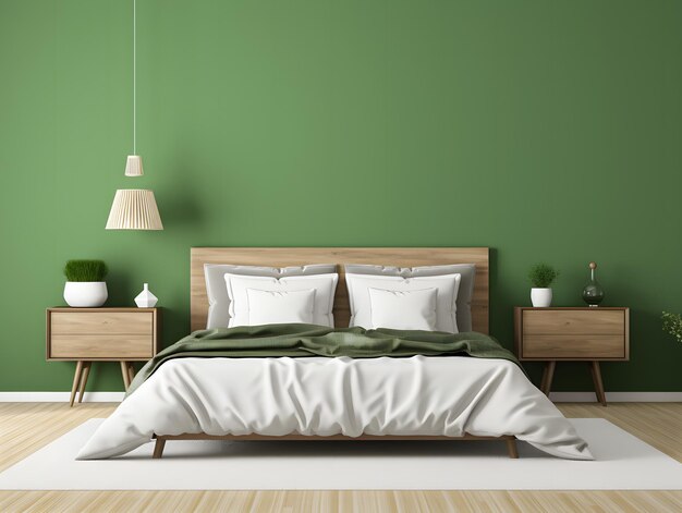 3d modern bedroom with green wall and white bed and furniture