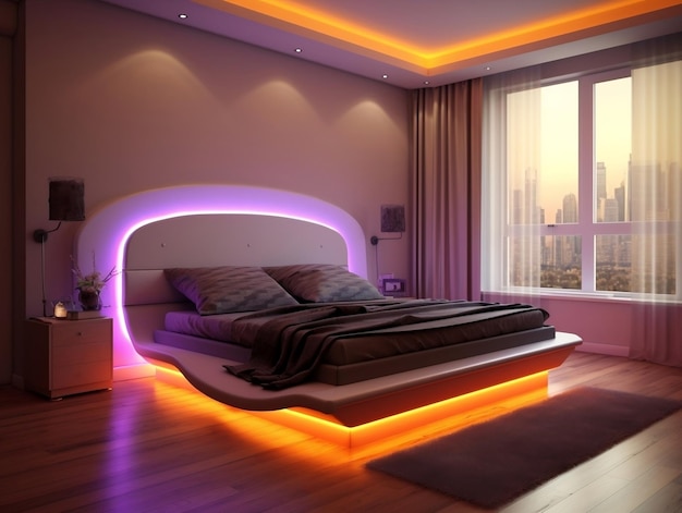3D modern bedroom with multicolored led strip lights