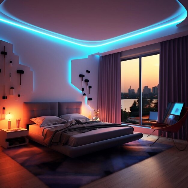 3D modern bedroom with multicolored led strip lights