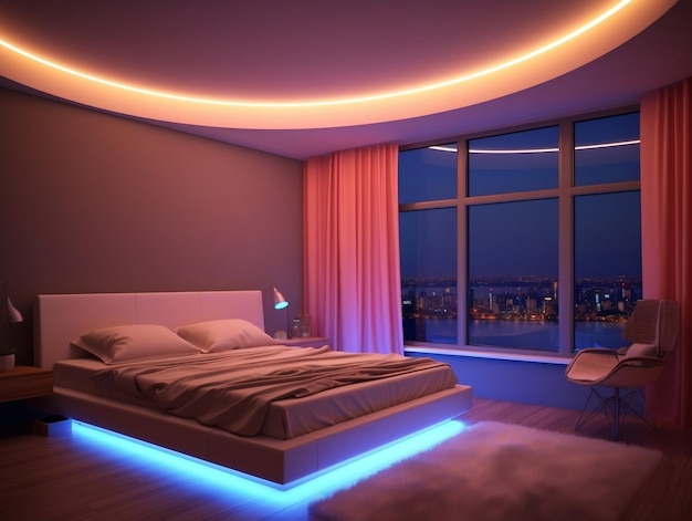 다양한 색상의 LED 스트립 조명이 있는 3D 현대 침실