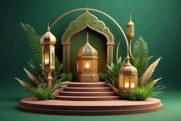 Photo 3d modern brown islamic podium in green background with lantern mosque