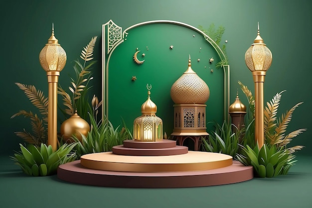 Photo 3d modern brown islamic podium in green background with lantern mosque