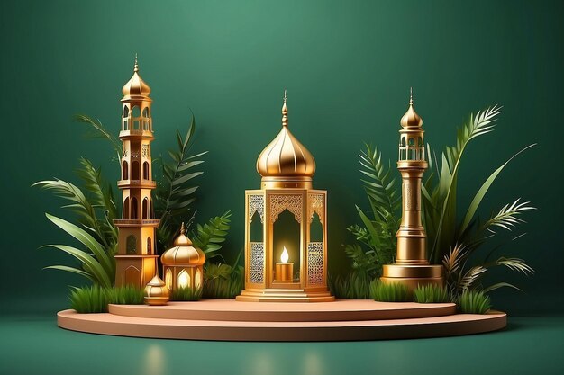 Photo 3d modern brown islamic podium in green background with lantern mosque