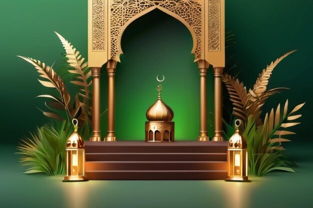 Photo 3d modern brown islamic podium in green background with lantern mosque