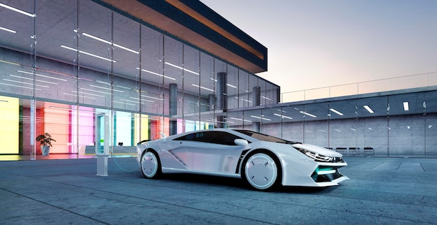 3d Modern building exterior and brandless electric EV concept car