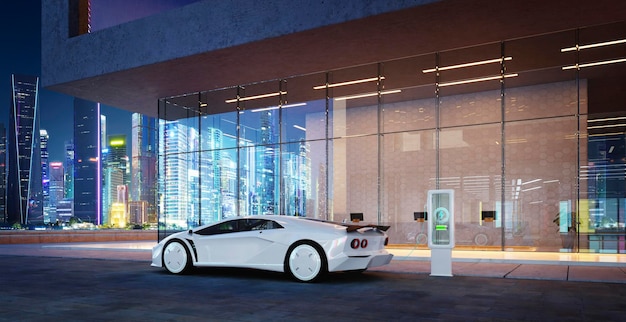 3d modern building exterior and brandless electric ev concept car
