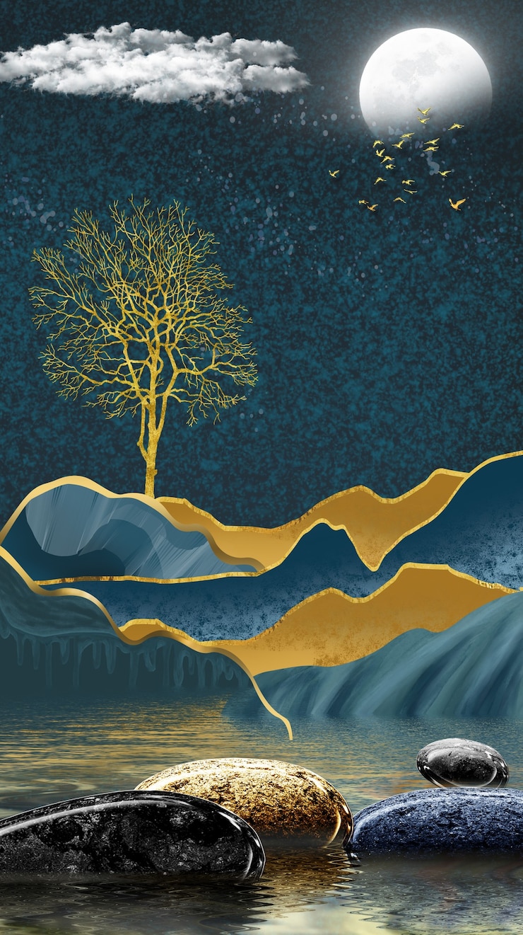 Photo 3d modern canvas art mural wallpaper landscape in dark background moon and golden christmas tree