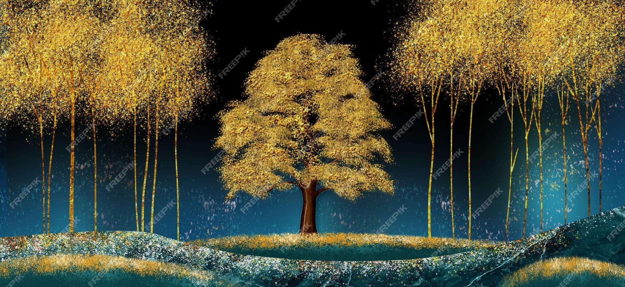 Premium Photo | 3d modern canvas art mural wallpaper landscape moon golden  christmas trees colorful mountains