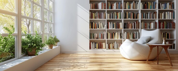 Photo 3d of a modern home library with a large bookshelf a comfortable white armchair and a small coffee table
