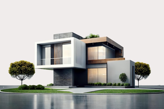 3d modern house model light gray background