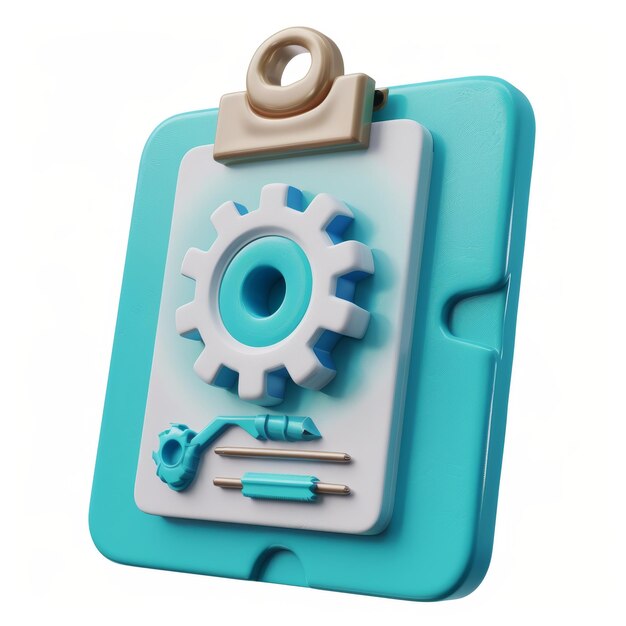 3D modern illustration of a clipboard and gear symbol Software development and project management concept Checklist with cog