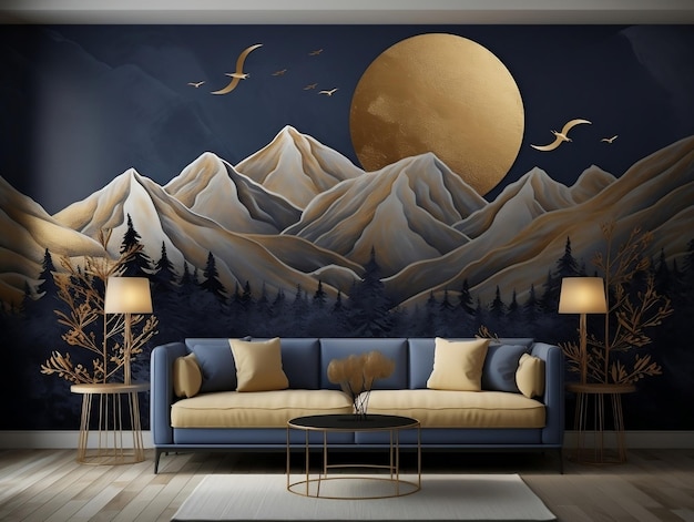 황금빛과 짙은 푸른 산이 있는 3d 현대적인 실내 장식