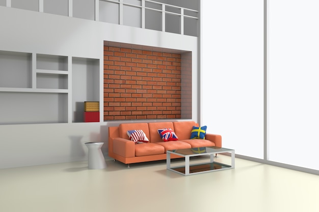 3d Modern interior of living room with orange sofa 