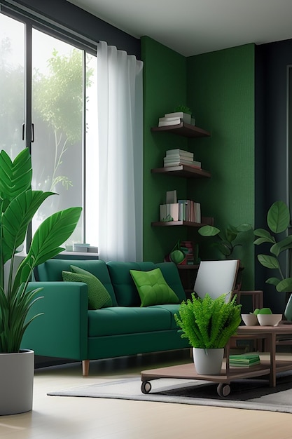 Photo 3d modern interior room with green plants