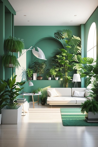 3d modern interior room with green plants