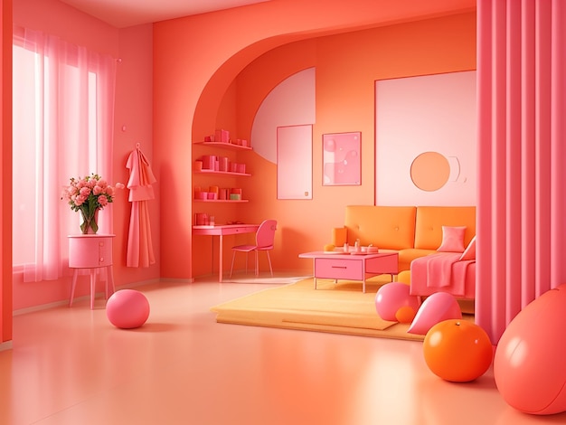 사진 오렌지와 핑크 색상의 3d 현대적인 인테리어 룸