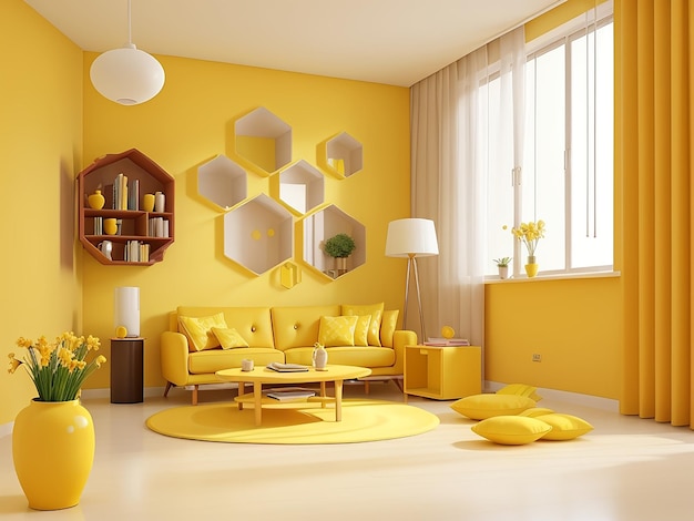 3d Modern Interior Room With Yellow Color