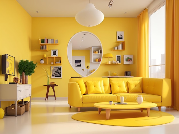 3d Modern Interior Room With Yellow Color