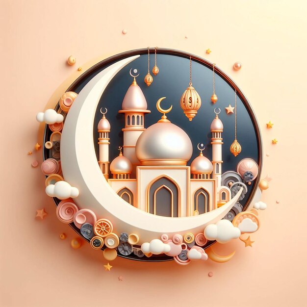 3d modern Islamic banner Ramadan kareem Cute toy mosque round with in the background Ai generative