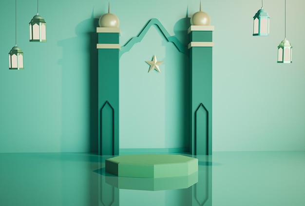 3d modern Islamic decoration product display podium green minaret stages with hanging lantern design