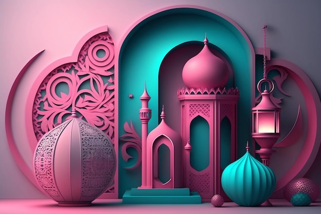 3D modern Islamic holiday banner features an Eid Mubarak message in a sky blue and ramadan kareem