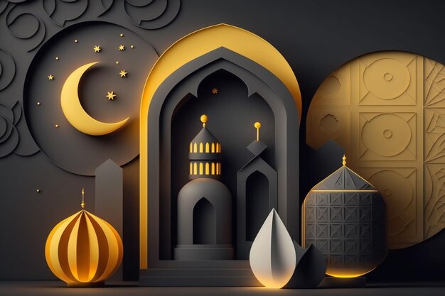 3D modern Islamic holiday banner features an Eid Mubarak message in a sky blue and ramadan kareem