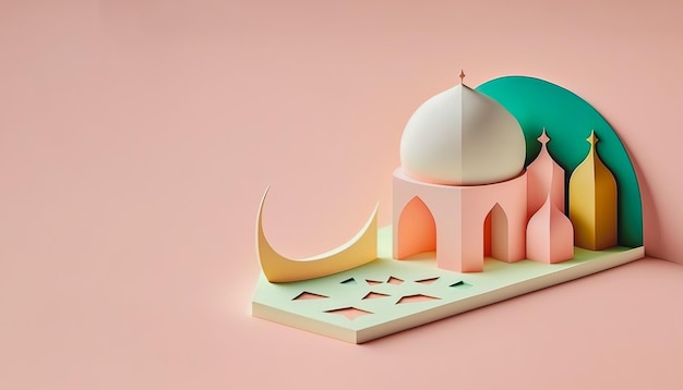 3d modern Islamic holiday banner suitable for Ramadan Raya Hari Eid al Adha Cute toy mosque and crescent moon displayed on pink background Generative AI