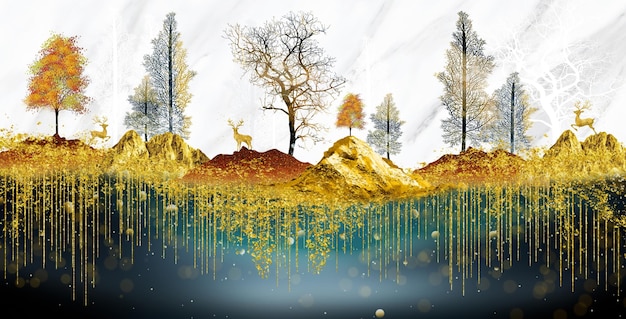 3d modern Landscape art mural wallpaper Christmas tree golden lines and mountain white marble