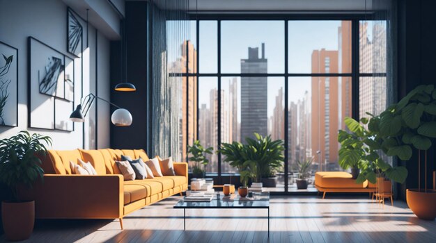 3D modern licht appartement met groot raam groot interieur en ramen gemaakt met generatvie AI technologie