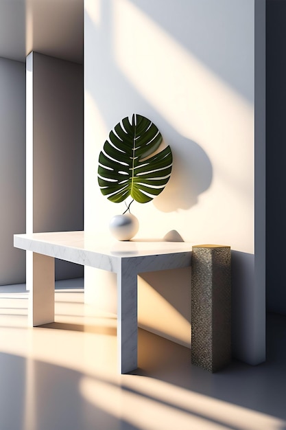 3D Modern minimal empty terrazzo table counter top in sunlight leaf shadow on cream white wall ba