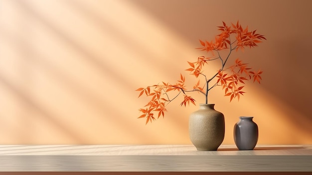 3d современный минимальный пустой деревянный стол столешница оранжевый лист с солнечным светом