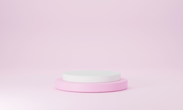 3d 현대적인 분홍색 및 흰색 원형 연단에는 분홍색 파스텔 빈 방 배경 장면 무대 모형이 있습니다.