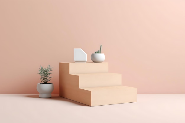 Photo 3d modern product presentation mockup podium with plants and pastel color background