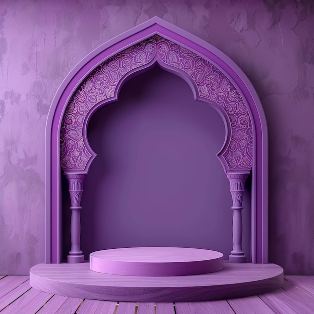 3d современный портал Рамадана в фиолетовом монотонном дизайне Дисплейный подиум деревянный стол 3d иллюстрация