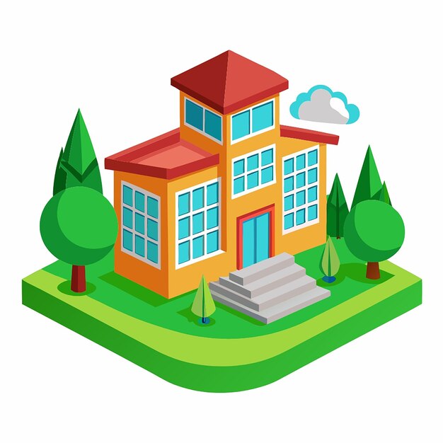 Photo 3d modern school icon school with a green lawn icon 3d render vector illustration isolated on white background