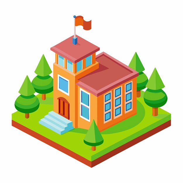 Photo 3d modern school icon school with a green lawn icon 3d render vector illustration isolated on white background