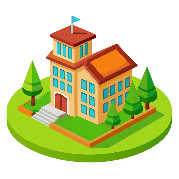 Photo 3d modern school icon school with a green lawn icon 3d render vector illustration isolated on white background