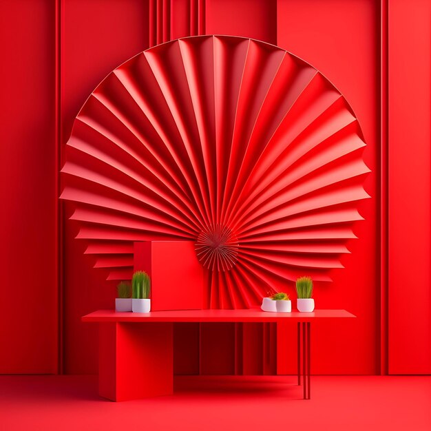 3d modern stylish empty red table counter top with corrugated paper fan design layers on red wall