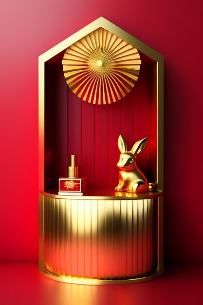 3d modern stylish empty red table counter with gold rabbit figurine design and corrugated paper fa