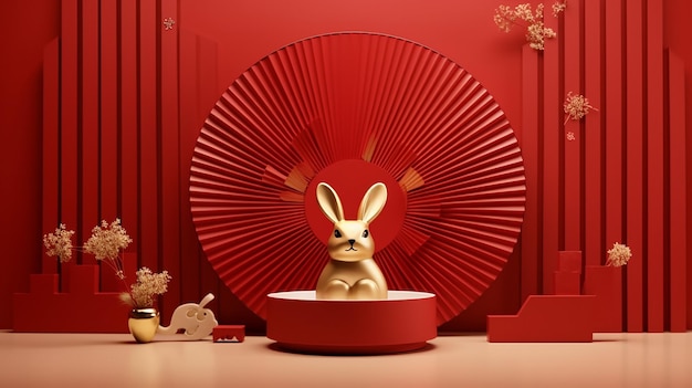 3d modern stylish empty red table countertop with gold rabbit