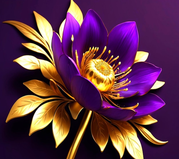 3d modern vintage luxury floral background with golden purple color flowers