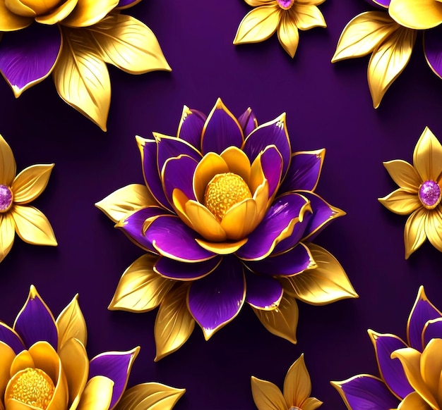 3d modern vintage luxury floral background with golden purple color flowers