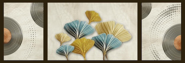 3d moderne canvas kunst landschap behang gouden en turquoise Ginko Biloba bladeren en gouden cirkel