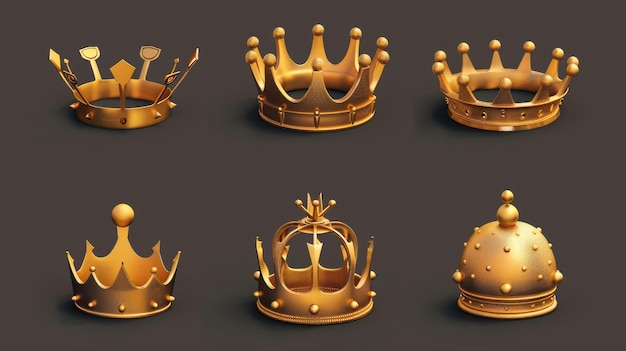 3d moderne illustratie van een gouden koninklijke kroon vanuit verschillende hoeken middeleeuws koninklijk embleem of spelitem van schat koninklijke winnaar trofee of prijs icoon