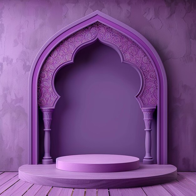3d moderne Ramadan portaal in paars monotone ontwerp Display podium houten tafel 3d illustratie