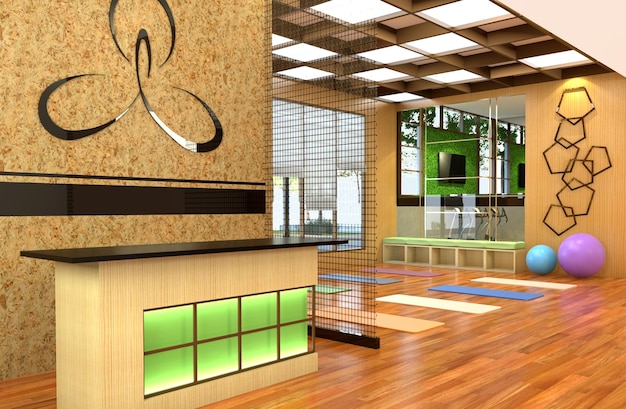 Foto 3d moderne yoga kamer interieur met hout ambiance