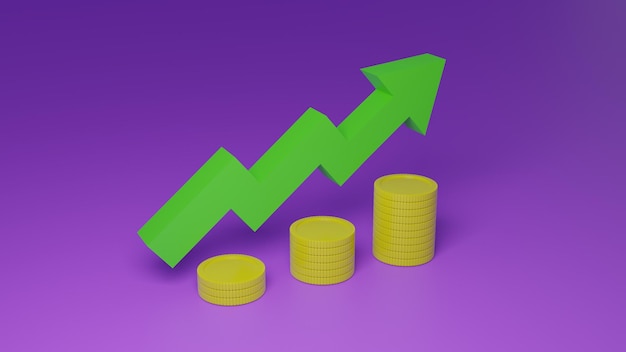 Фото 3d денежные стопки монет и зеленая стрелка вверх на фиолетовом фоне стопка монет растущая бизнес-концепция