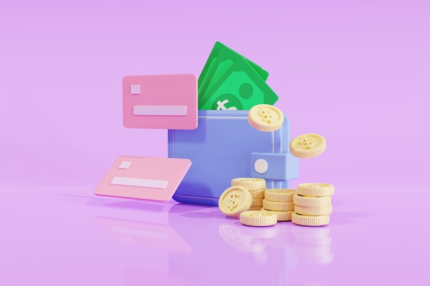 3D Money Saving icon concept. Wallet Light blue, coins stack, and credit card on a purple background, 3D illustration